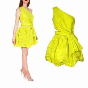 Aggi Selected NWT One Shoulder Eyelet Mini Dress Neon Yellow Sz 6-8